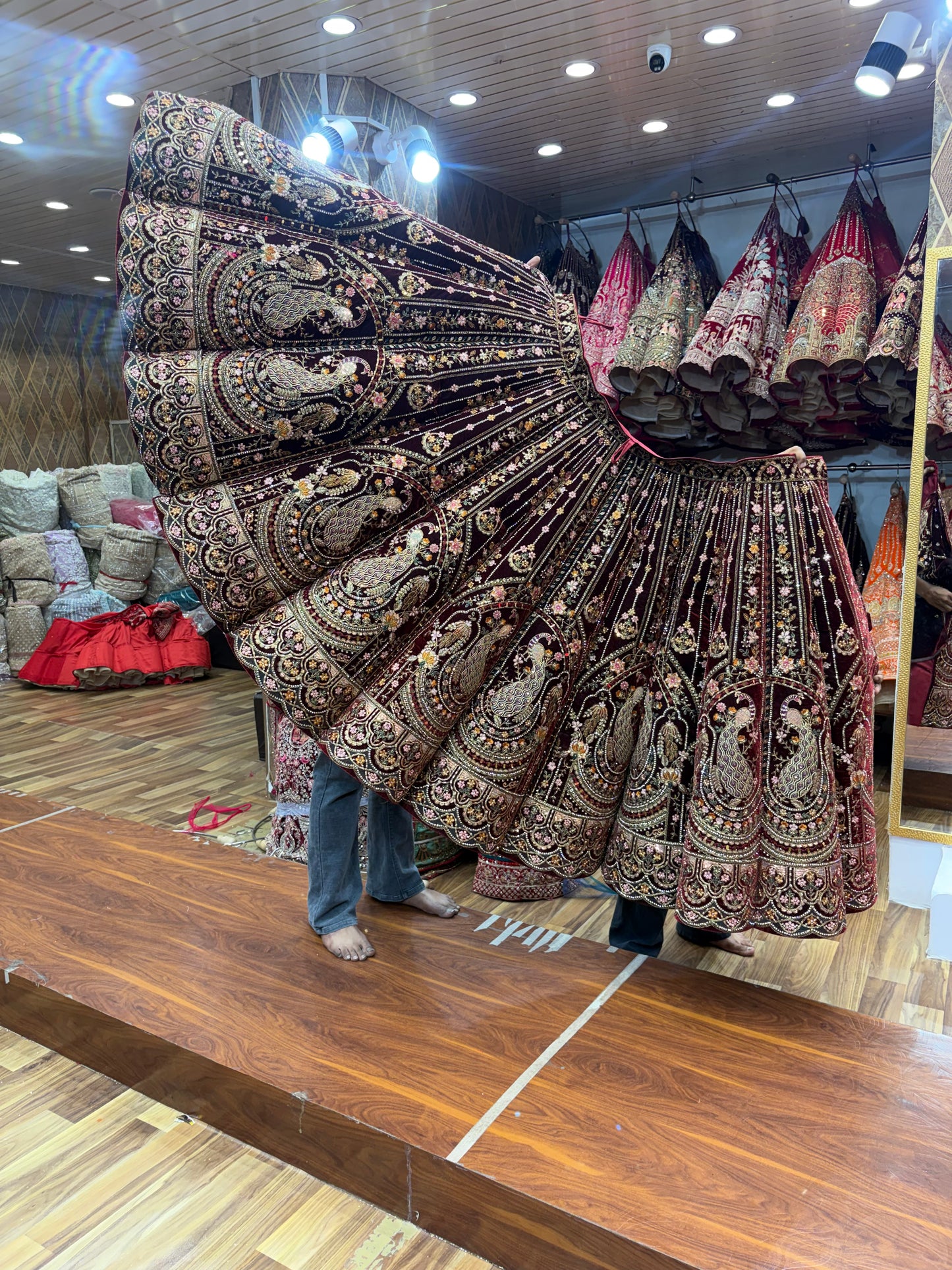 Dark Maroon Peacock Designer ball Bridal Lehenga