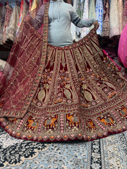 Beautiful Maroon peacock Bridal Lehenga