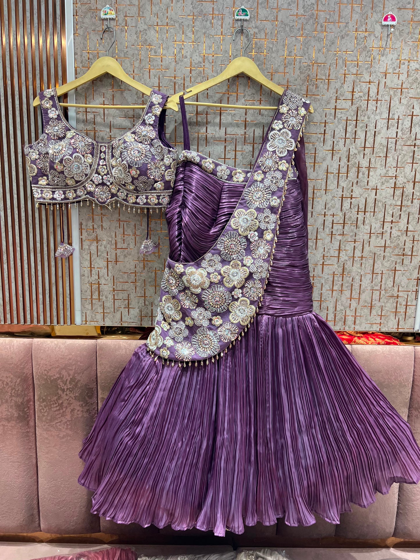 Purple Fishcut Crop Top Lehenga