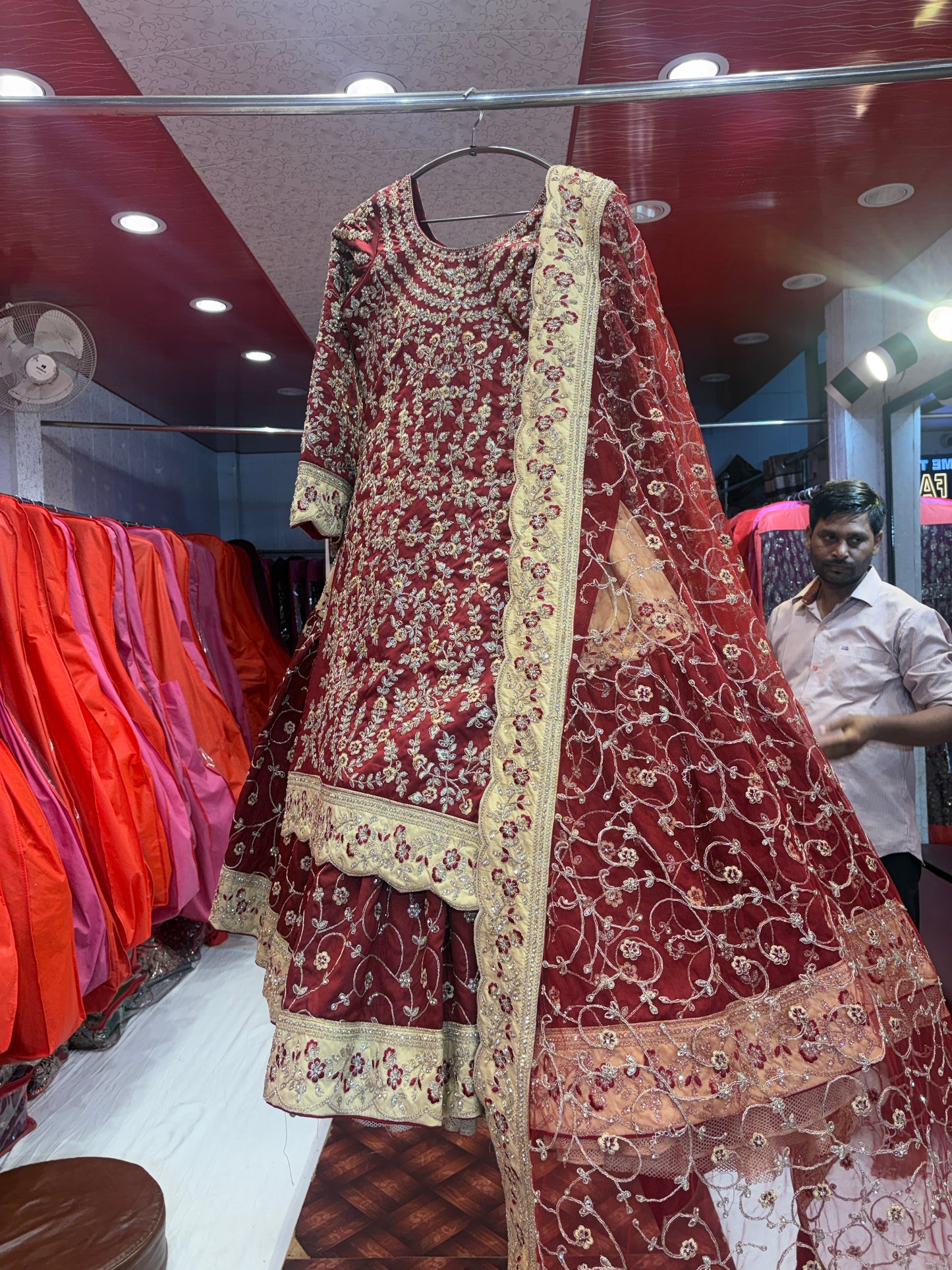 Elegant maroon farshi gharara zardozi dabka handwork peplum dress lehenga