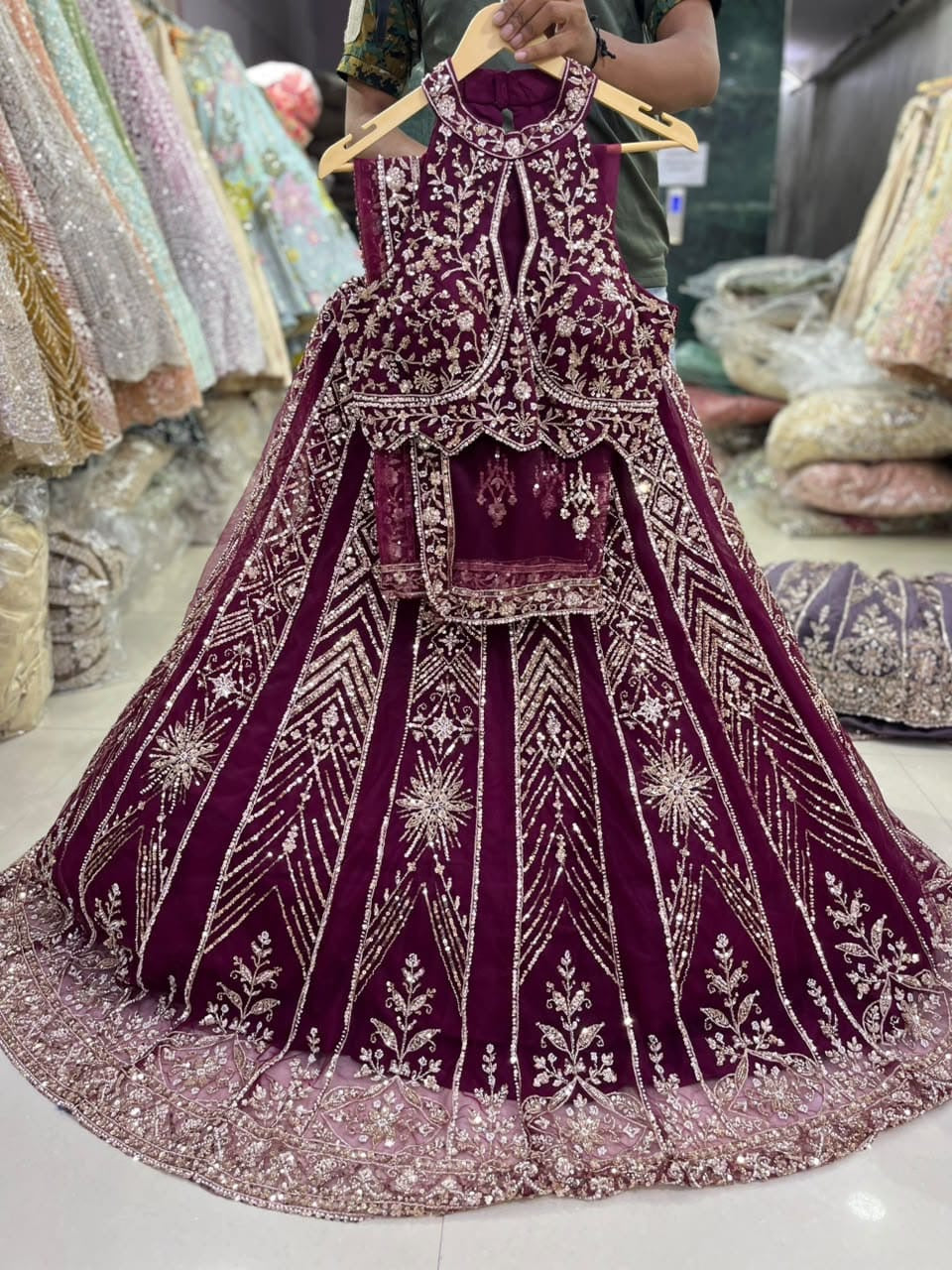 maroon purple red blue golden Crop Top Lehenga
