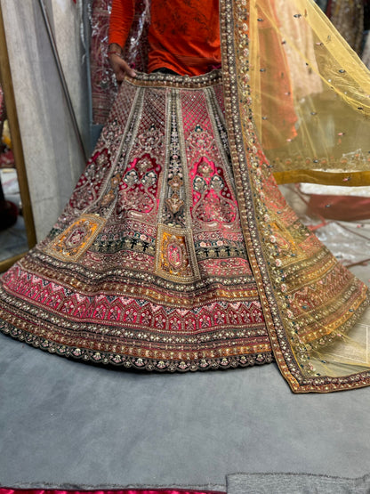 Astonishing pink golden double dupatta bridal Lehenga