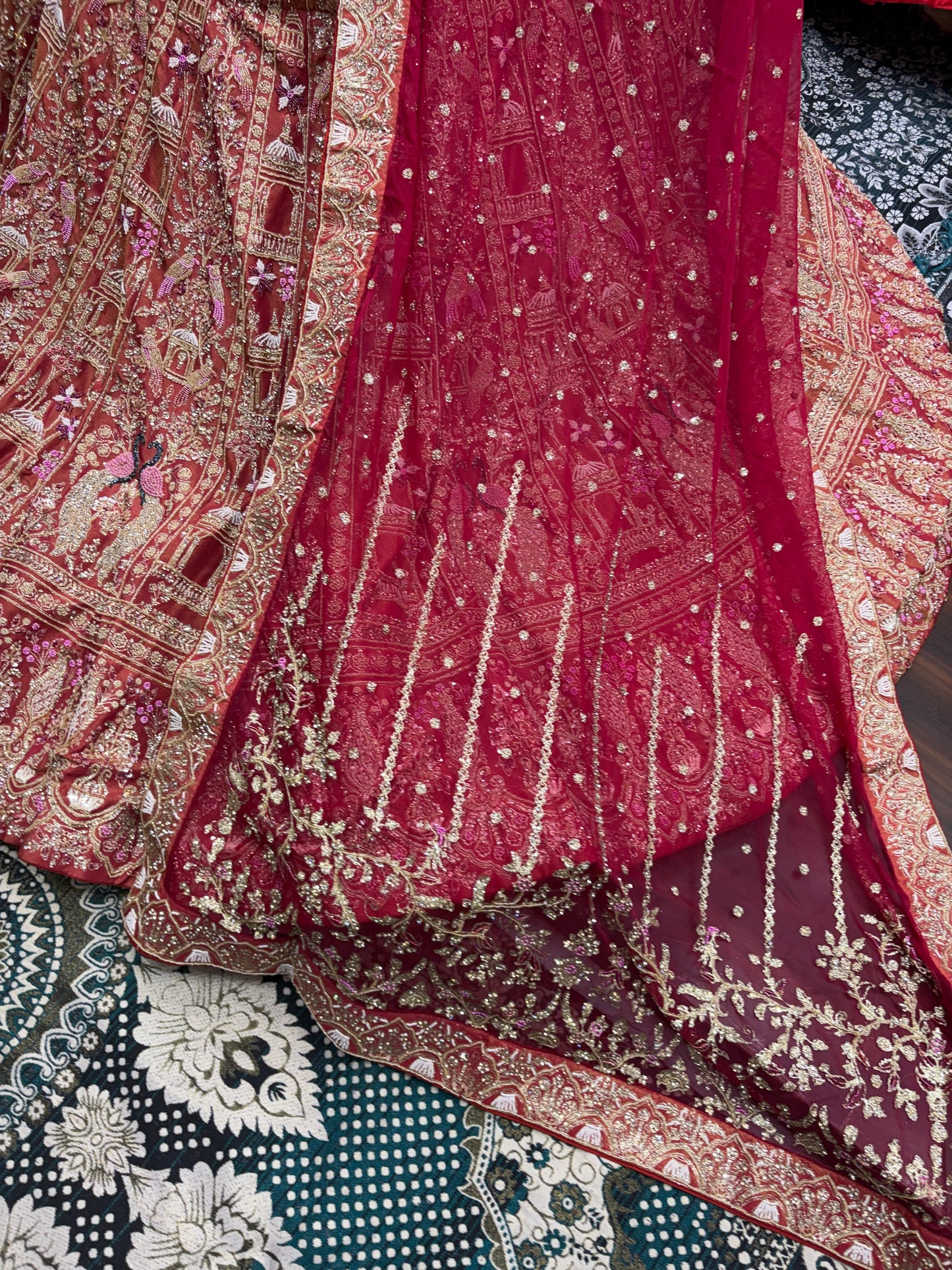 Orange Pink Peacock Bridal Lehenga