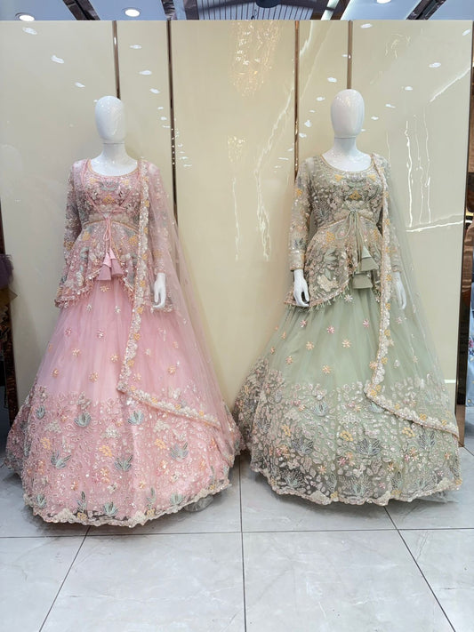 Pink green jacket Crop top Lehenga