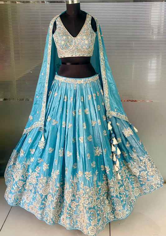 Sky Blue Designer Crop Top Lehenga