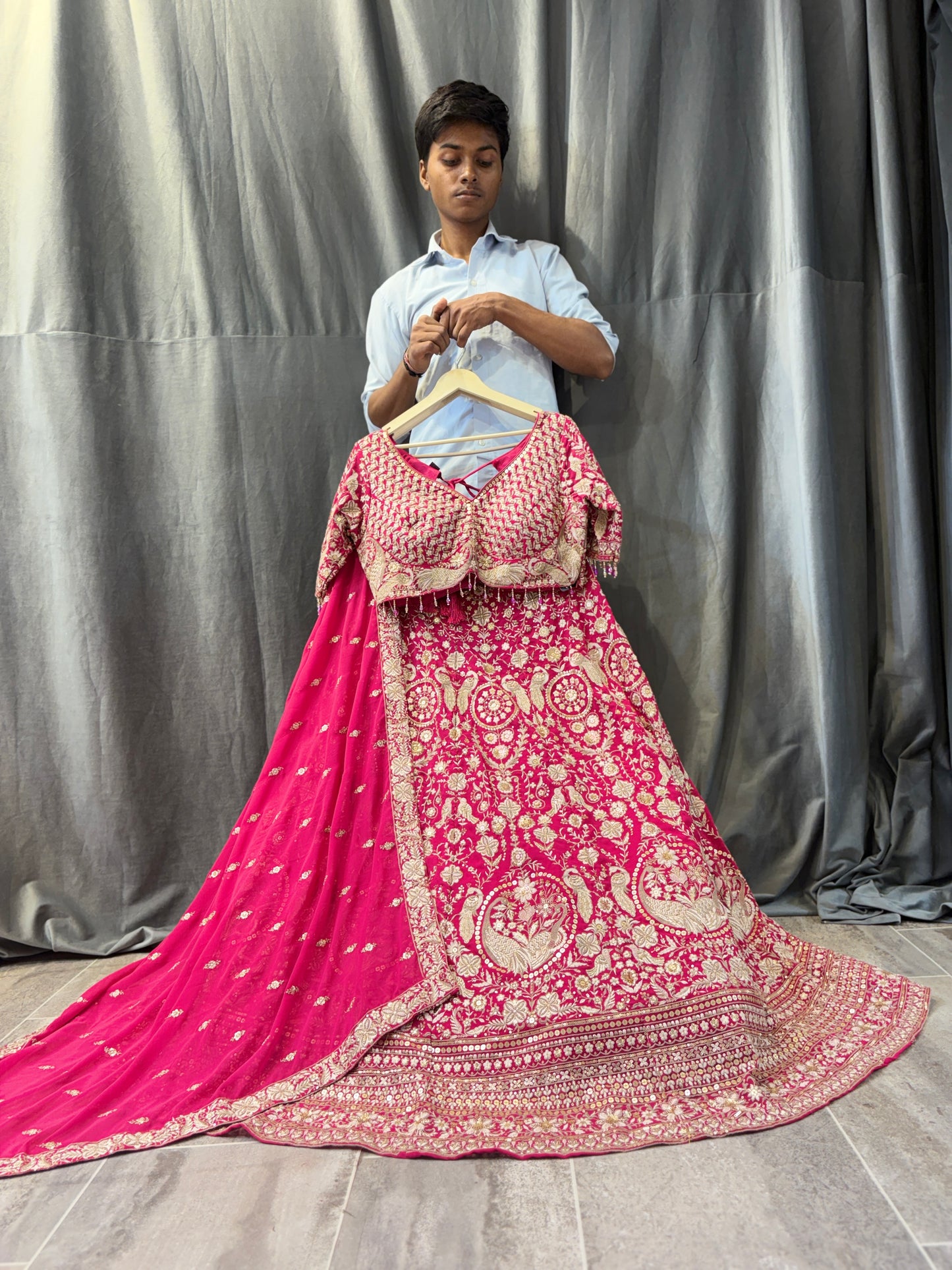Elegant dark pink peacock crop top Lehenga