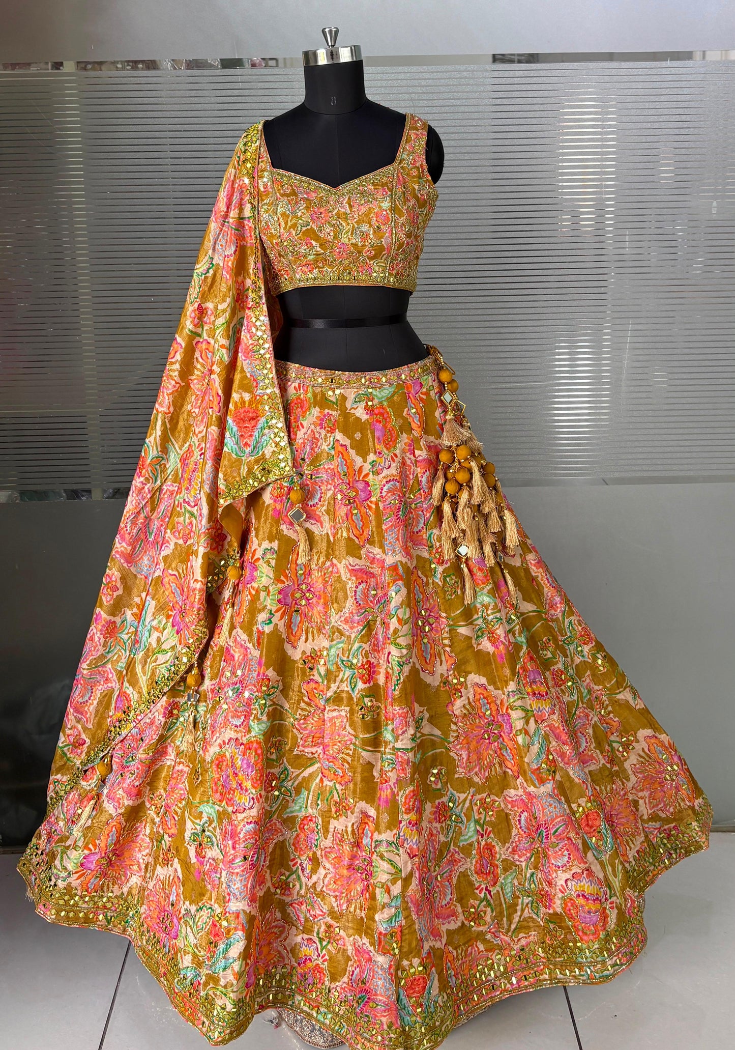 Mustard Pink Yellow Crop Top Lehenga