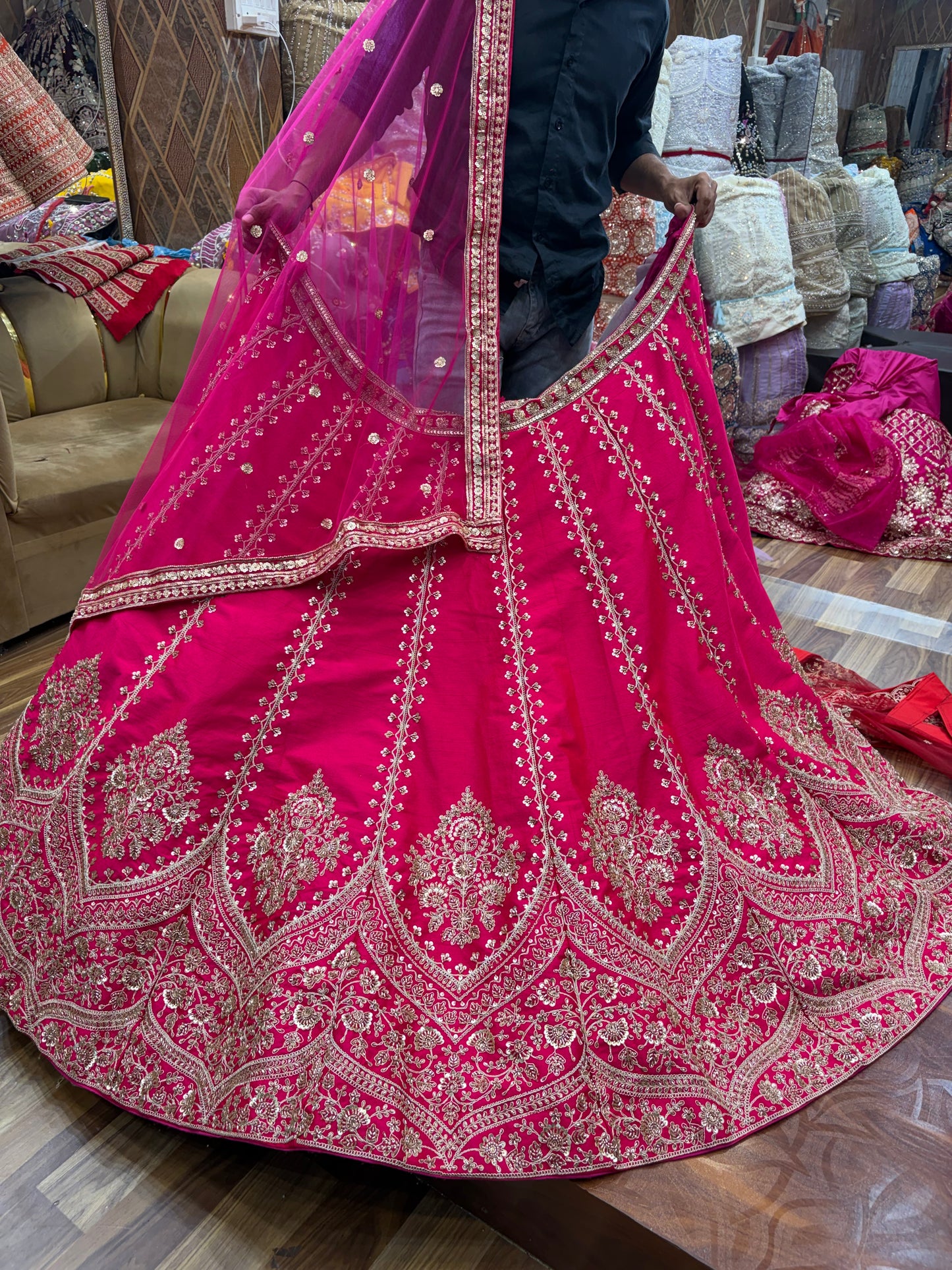 Rani pink beads work Bridal Lehenga