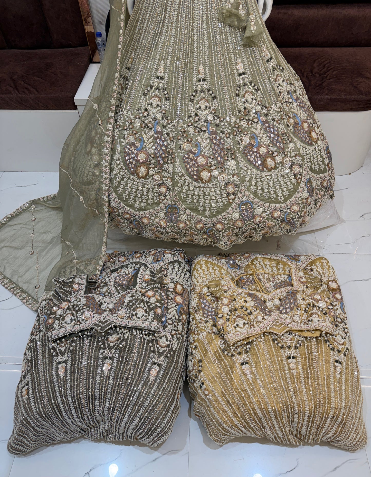 Green yellow brown crop top Lehenga