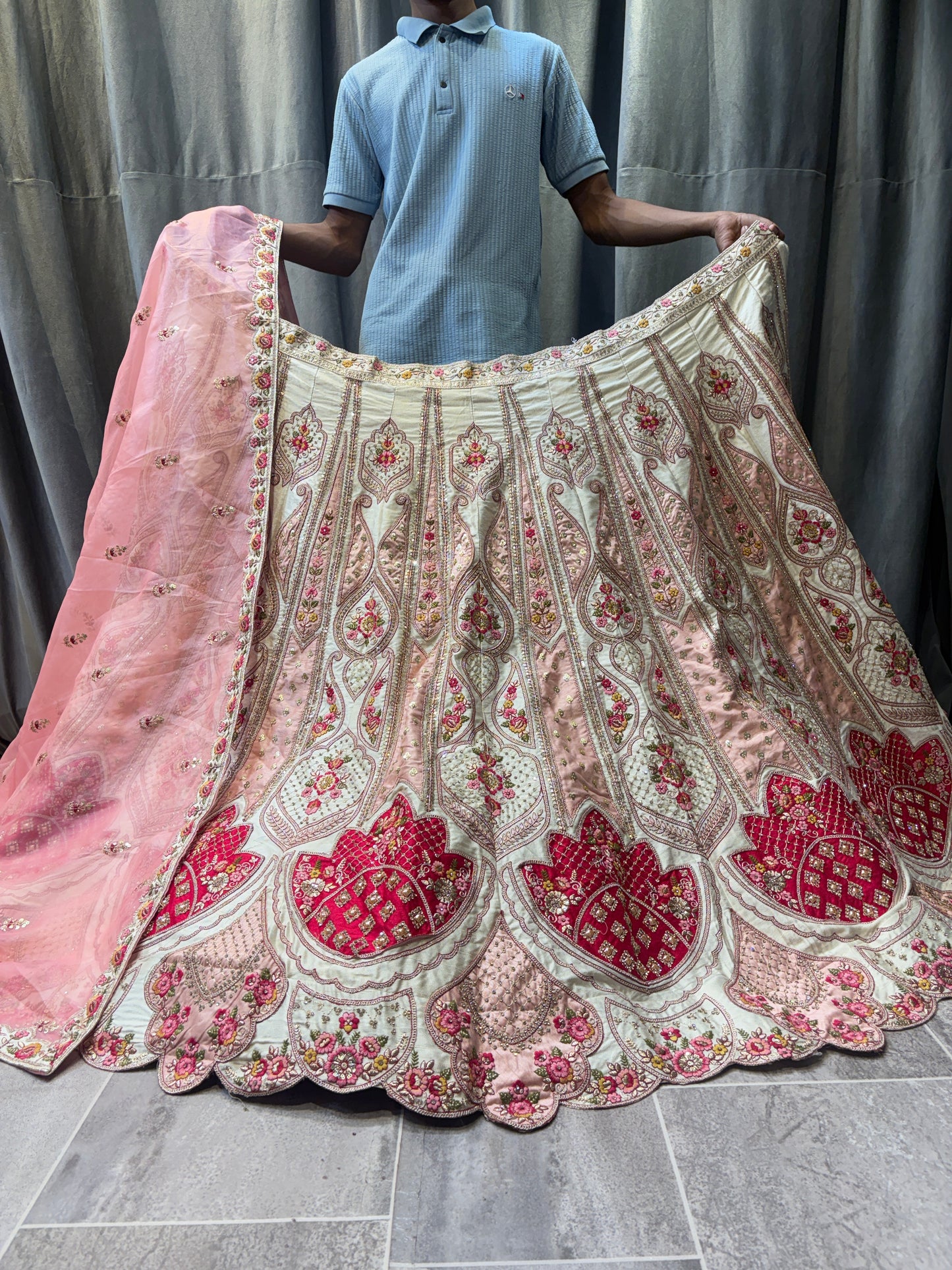 Tremendous White pink Crop Top Lehenga