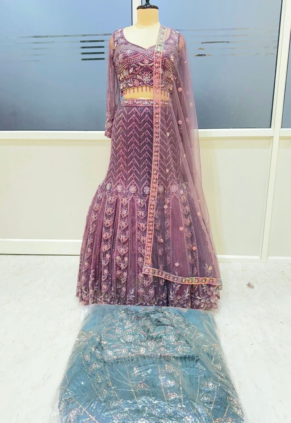 Maroon blue Fishcut crop top lehenga