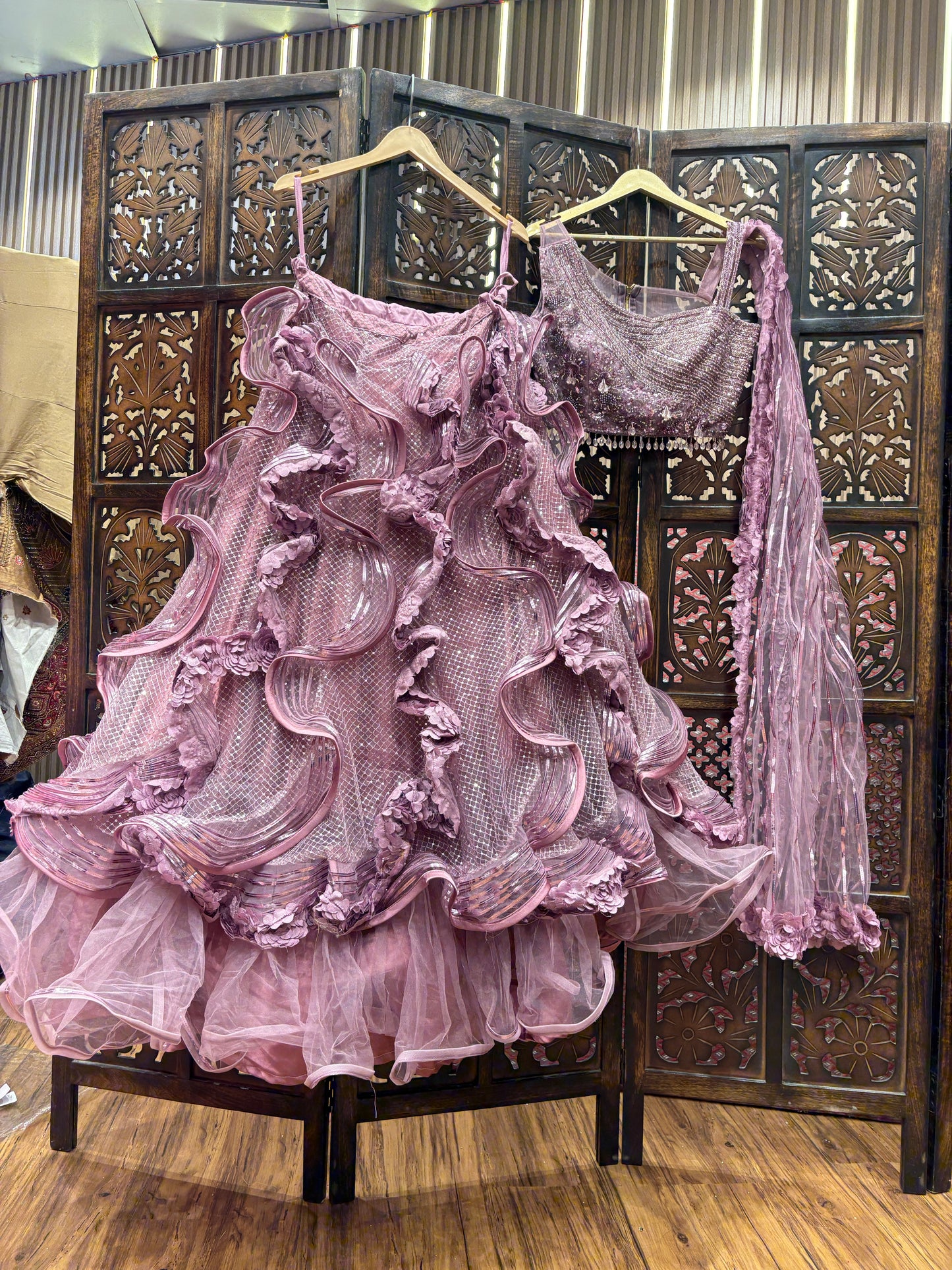 Embellished pink Frill crop top Lehenga