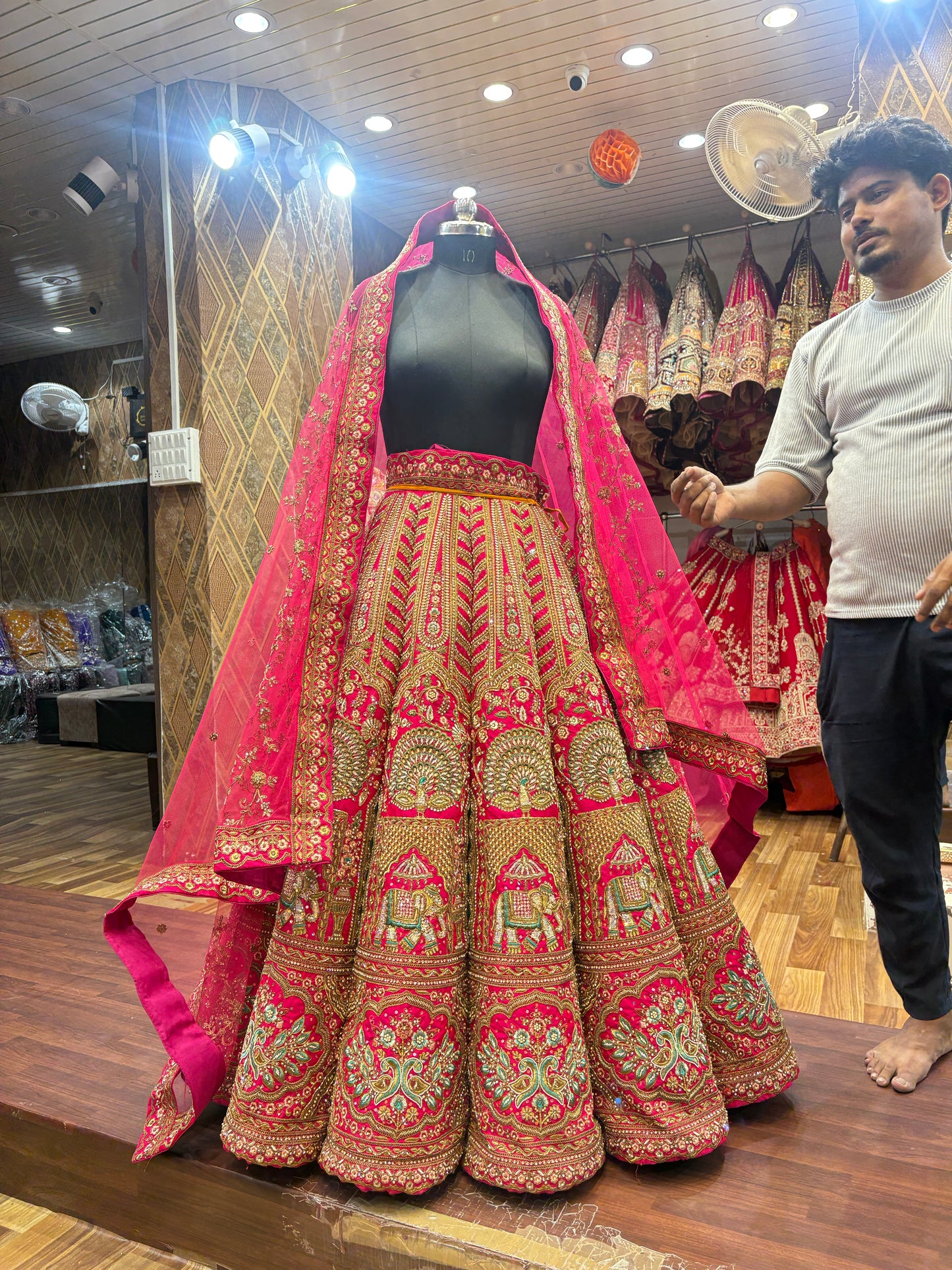 Peacock elephant figure rani pink ball bridal Lehenga