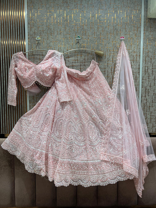 Off white white green pink crop top Lehenga