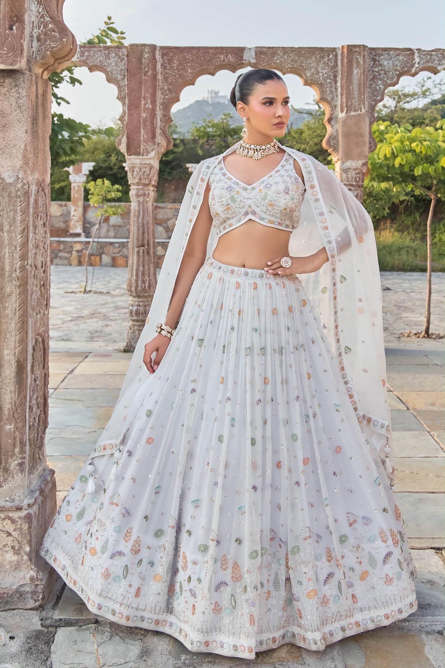 White Designer  Crop Top Lehenga