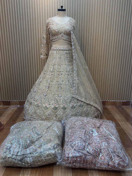 Golden pink mint green Crop top Lehenga