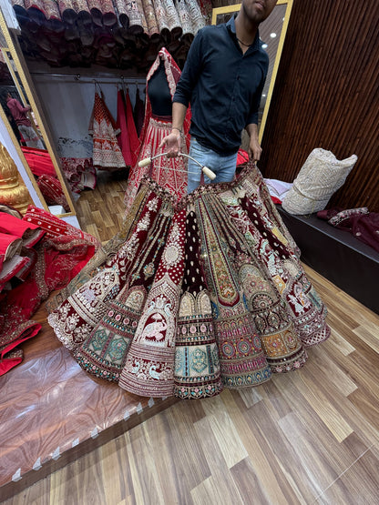 Maroon Multikali Ball Bridal Lehenga