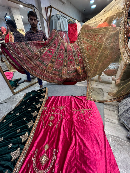Astonishing pink golden double dupatta bridal Lehenga
