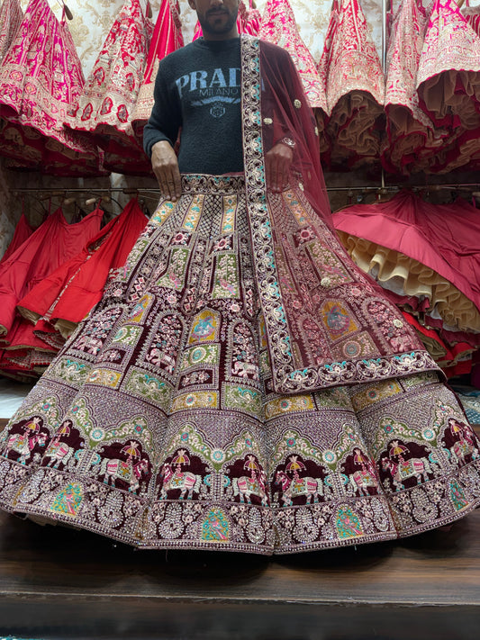 Attractive Maroon Rajwada Ball bridal Lehenga
