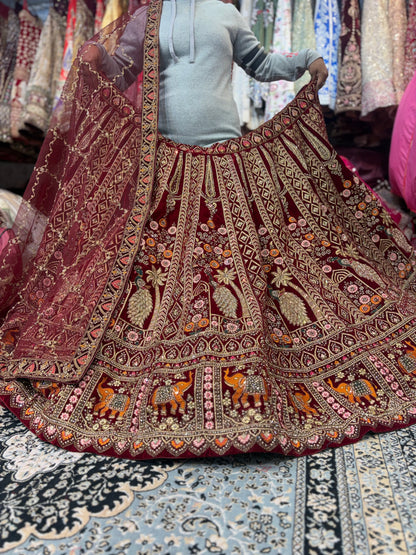Beautiful Maroon peacock Bridal Lehenga