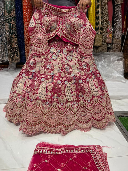 Onion Pink Peacock Crop Top Lehenga