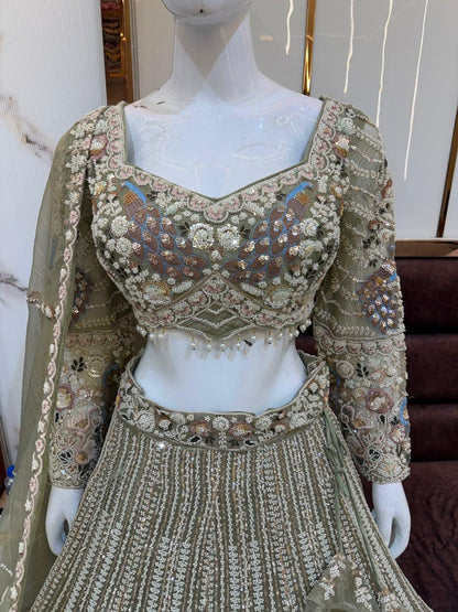 Green yellow brown crop top Lehenga