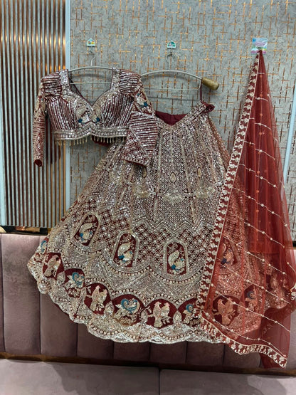 Maroon Peacock Crop Top Lehenga