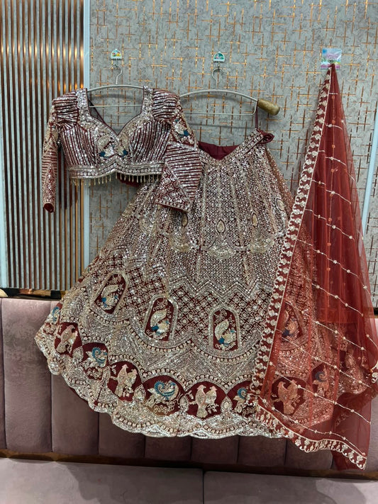 Maroon Peacock Crop Top Lehenga