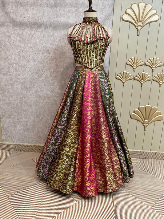 Golden multi color crop top lehenga
