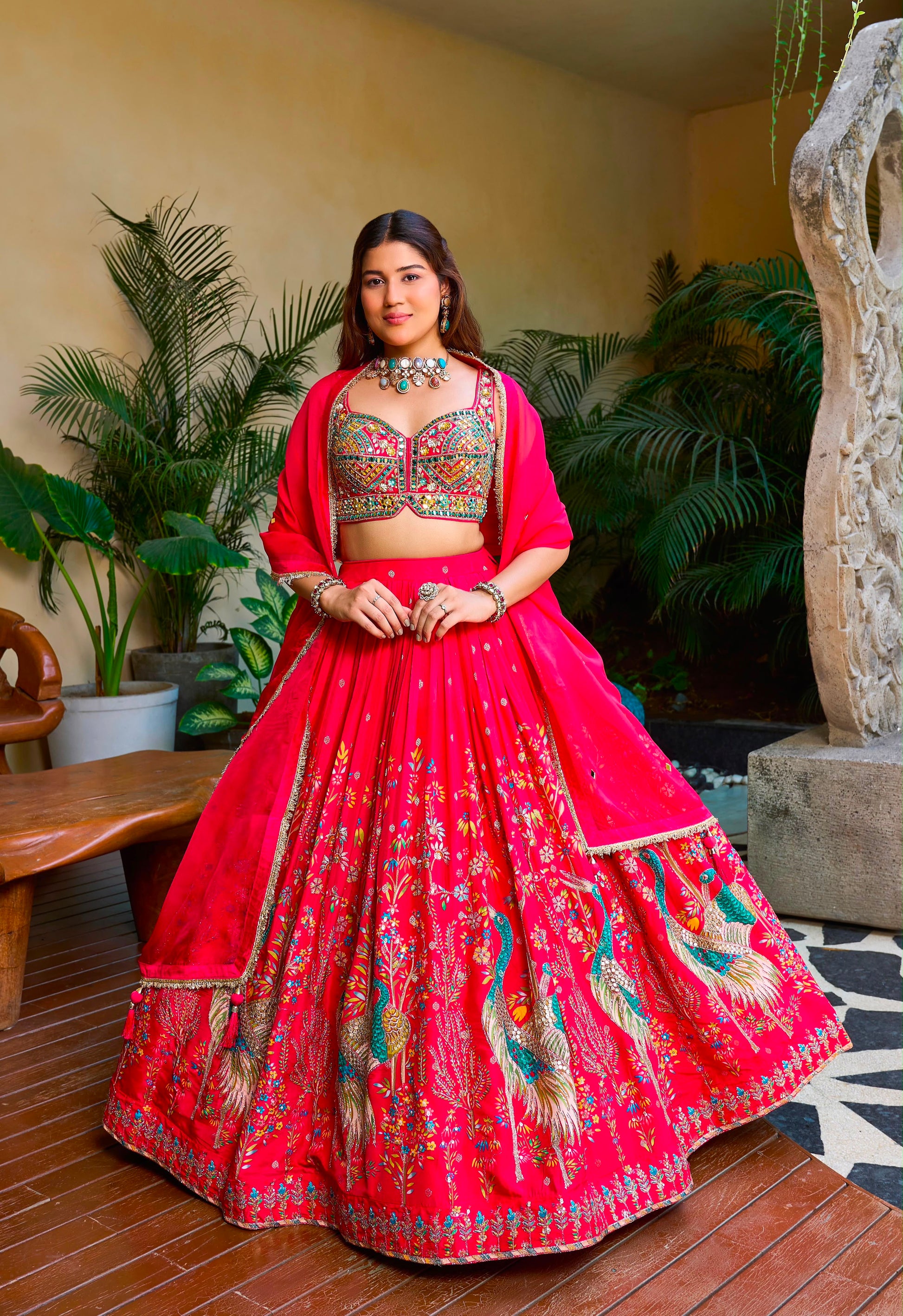 Hot Pink Peacock Designer Crop Top Lehenga - Shopping World