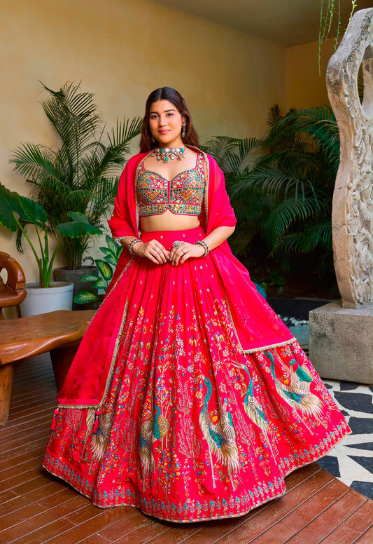 Hot Pink Peacock Designer Crop Top Lehenga