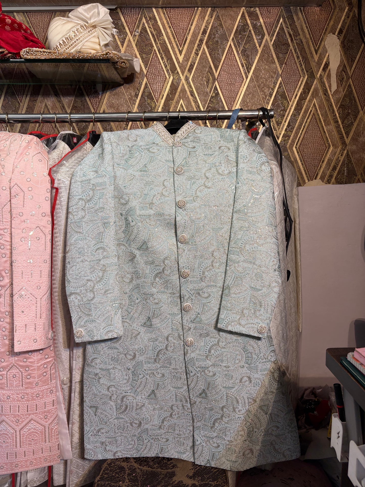 Sky blue green Jodhpuri indo western blazer kurta Sherwani