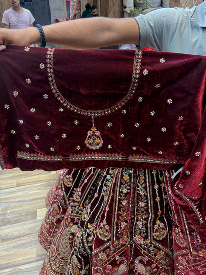 Dark Maroon Peacock Designer ball Bridal Lehenga