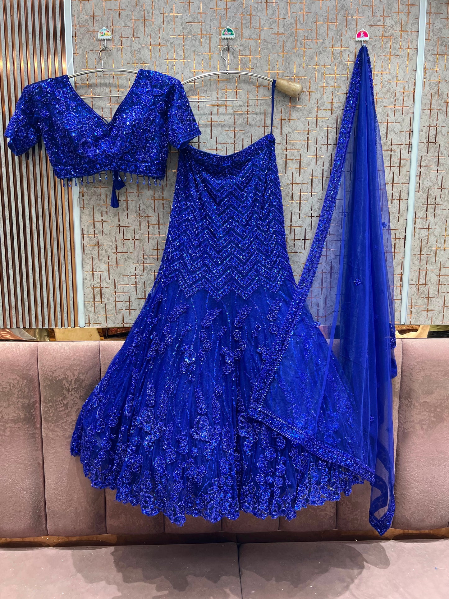 Royal Blue Fish Cut Crop Top Lehenga