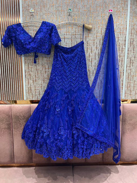 Royal Blue Fish Cut Crop Top Lehenga