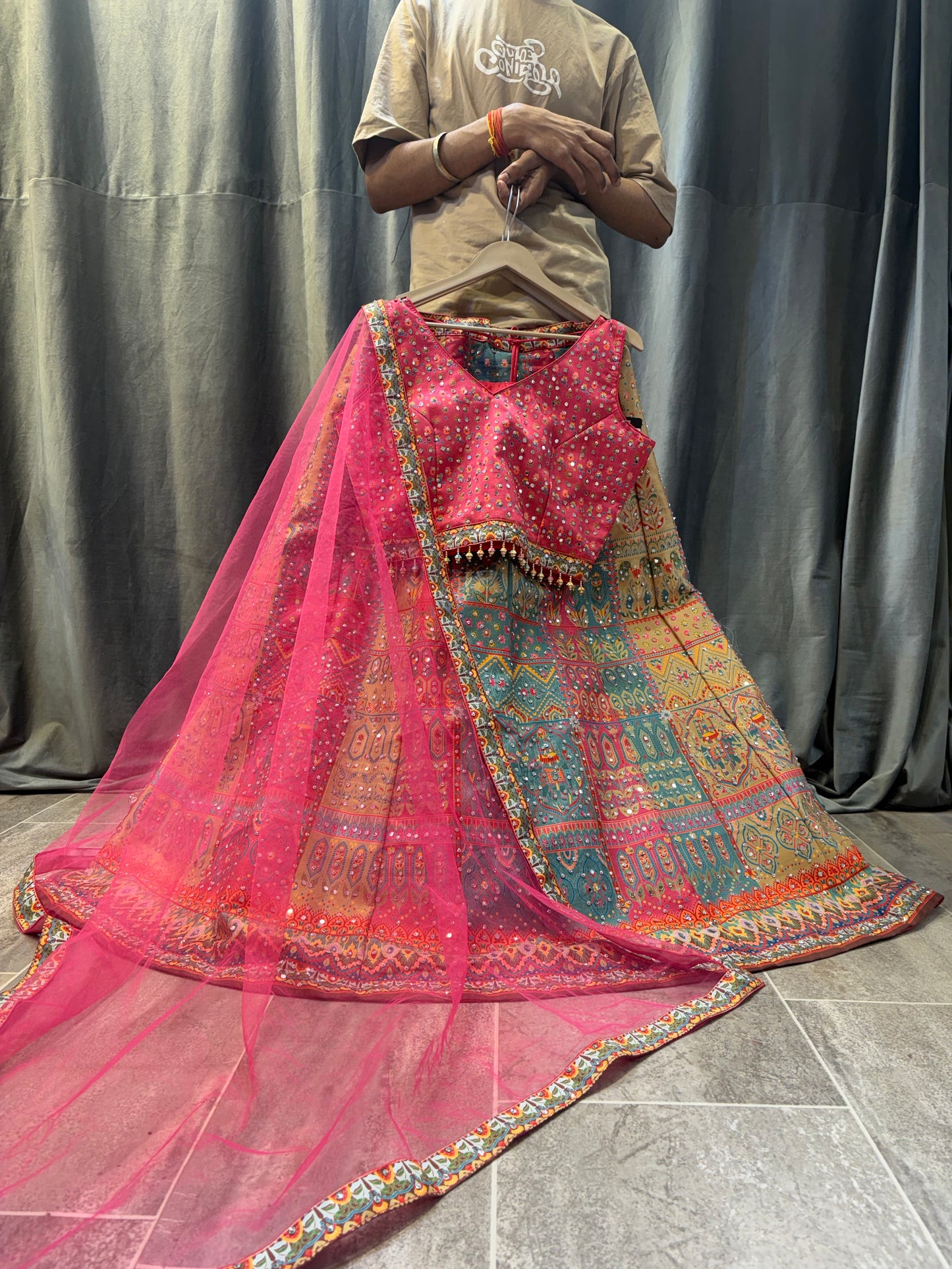 Fantastic multicolour pink Crop top Lehenga