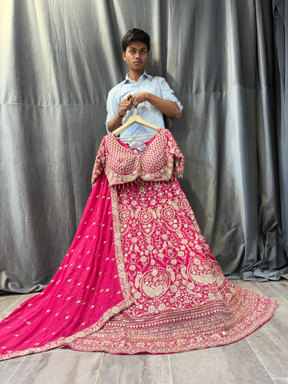 Elegant dark pink peacock crop top Lehenga