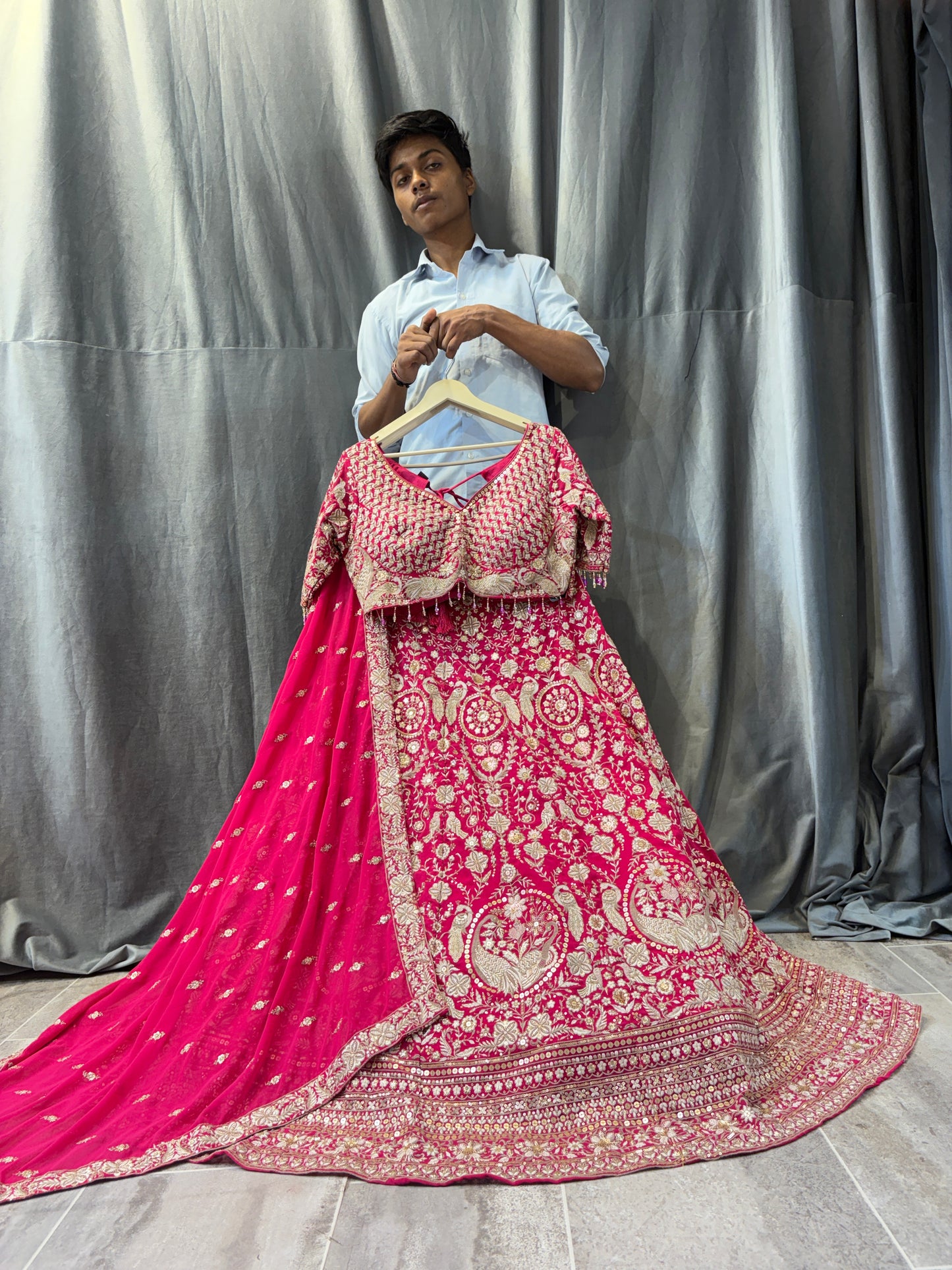 Elegant dark pink peacock crop top Lehenga
