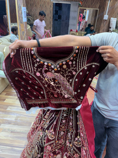 Dark Maroon Peacock Designer ball Bridal Lehenga