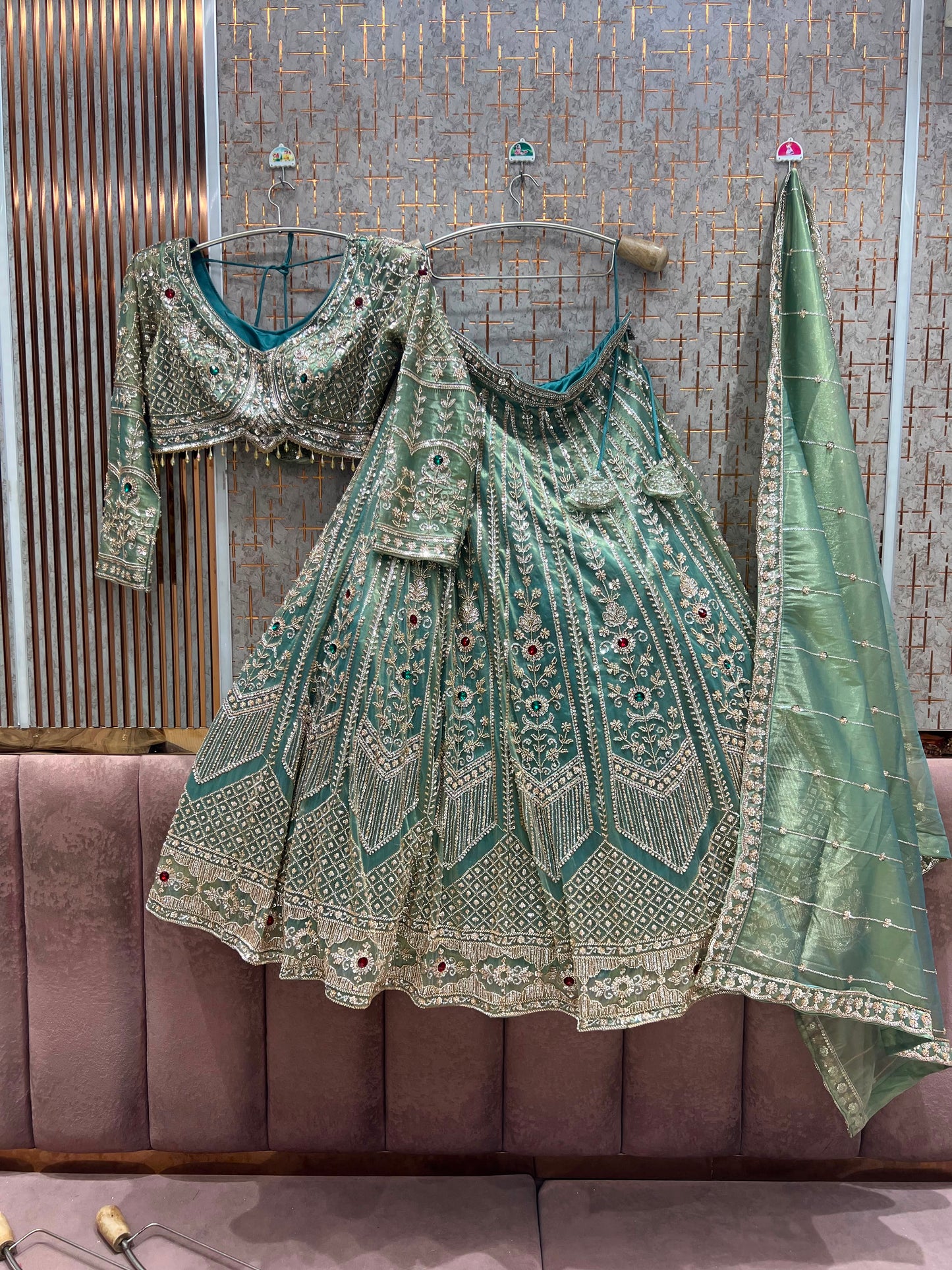 Green crop top lehenga