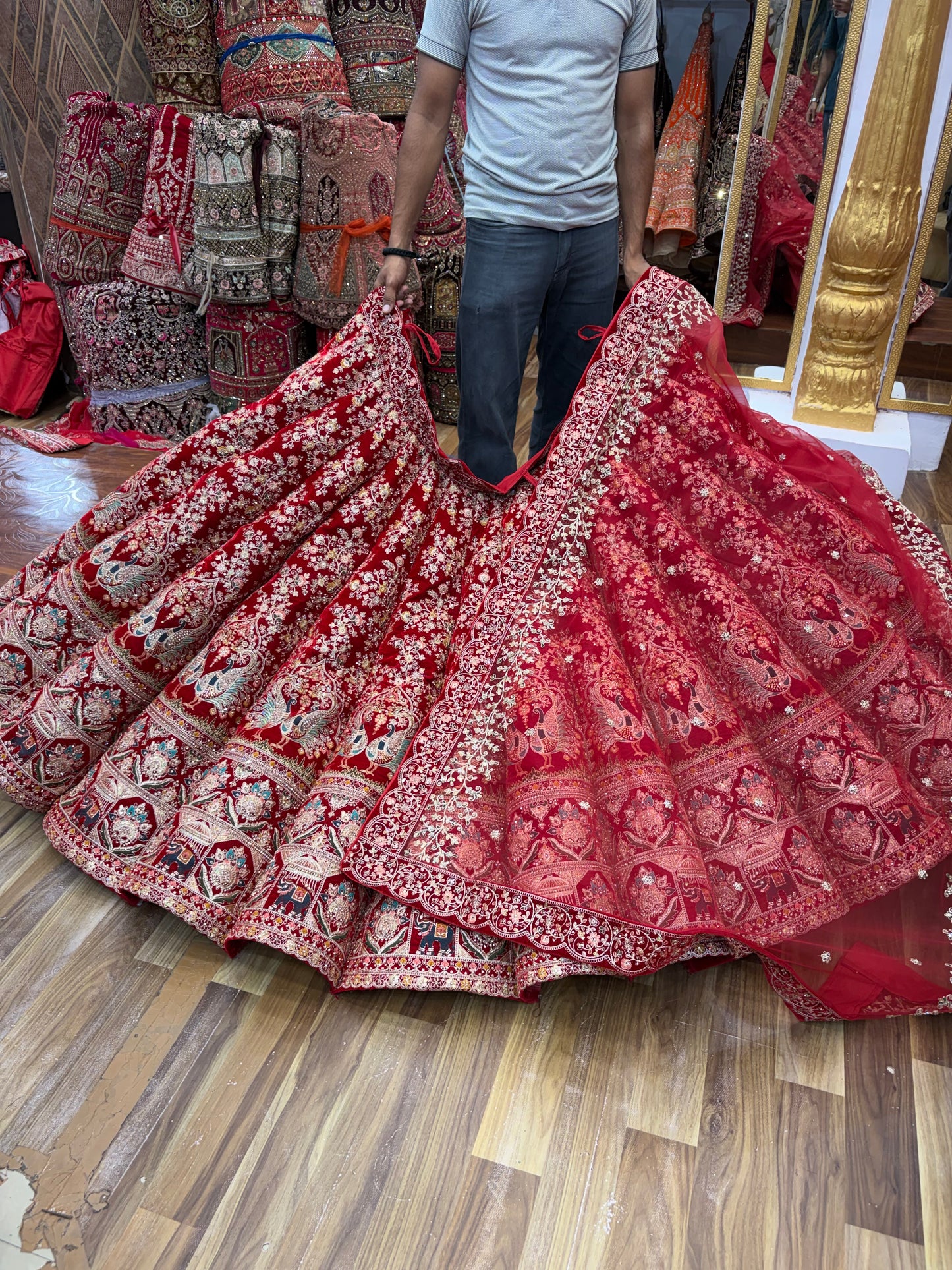 Cherry Red Peacock Ball Bridal Lehenga - Shopping World