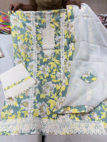 Majestic white green Unstitched suit ( free size )