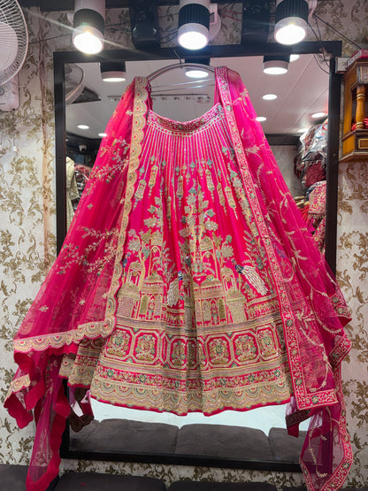 Fabulous rani pink peacock handwork bridal Lehenga