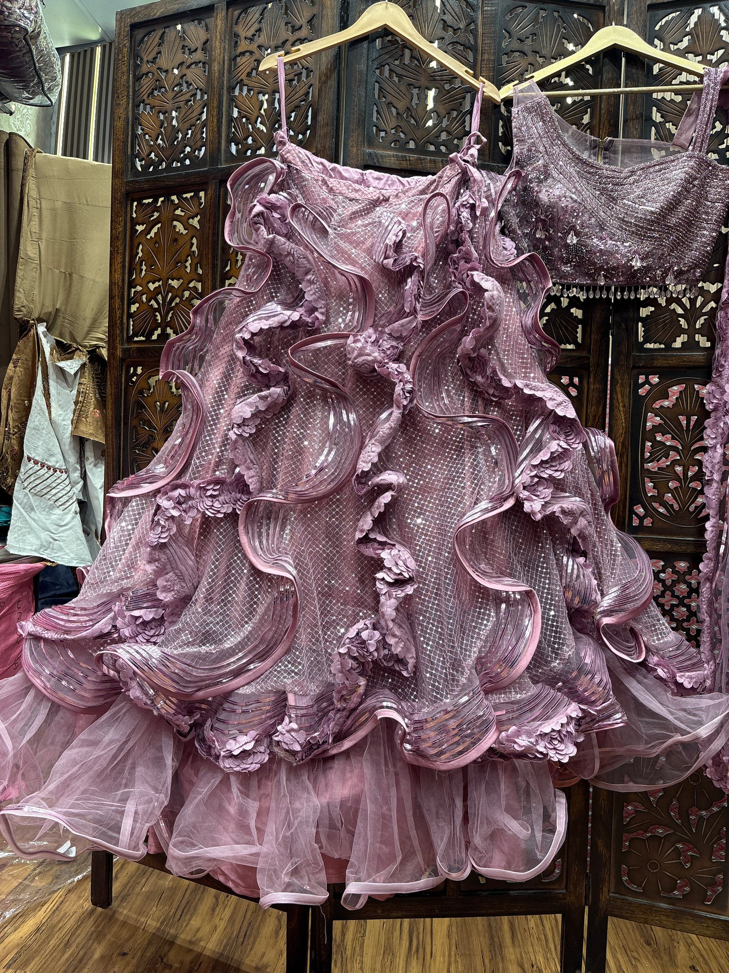 Embellished pink Frill crop top Lehenga