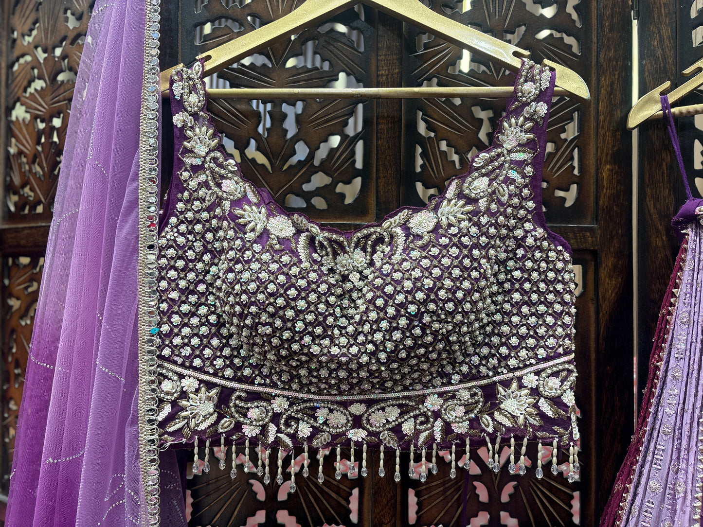 Designer multi color pink lavender purple crop top Lehenga