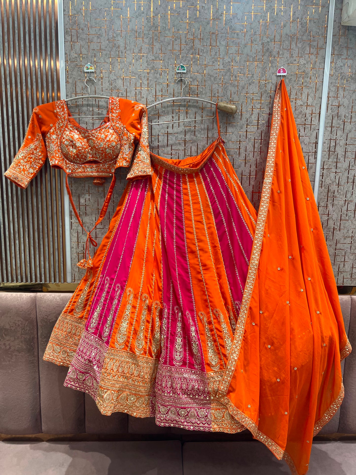 Rust orange multicolour Crop Top Lehenga