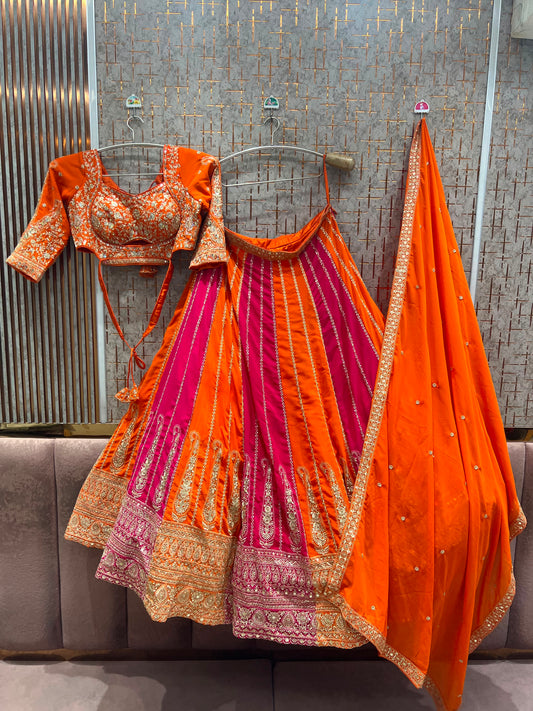 Rust orange multicolour Crop Top Lehenga