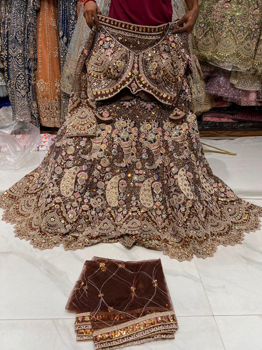 Rust Brown Peacock Crop Top Lehenga