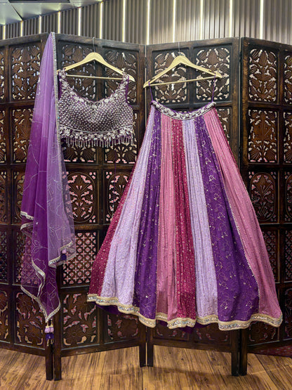 Designer multi color pink lavender purple crop top Lehenga