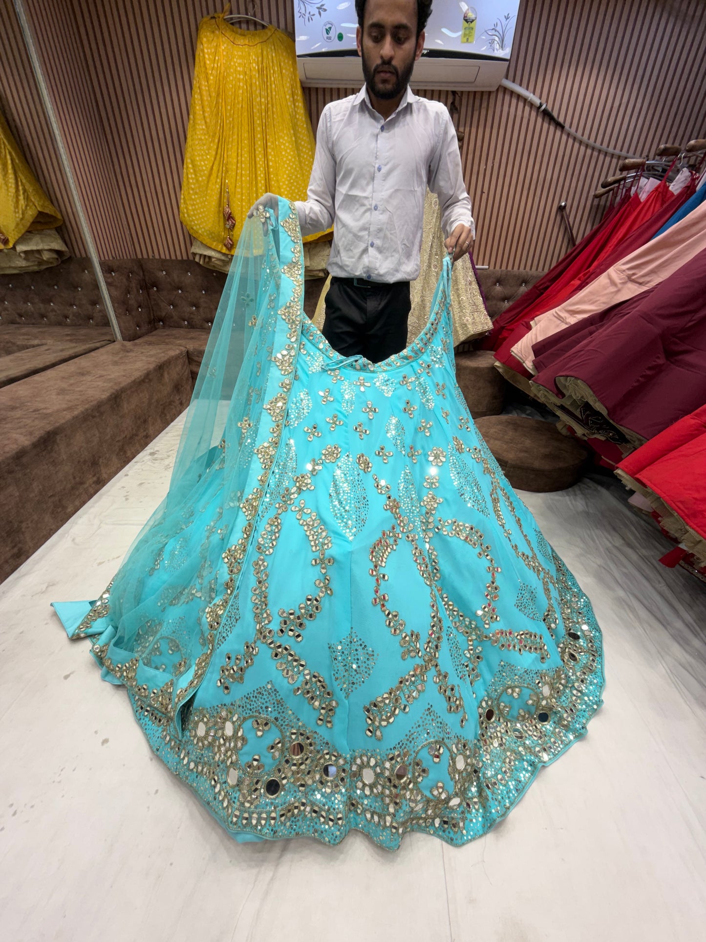 Sky Blue Mirror Work Lehenga